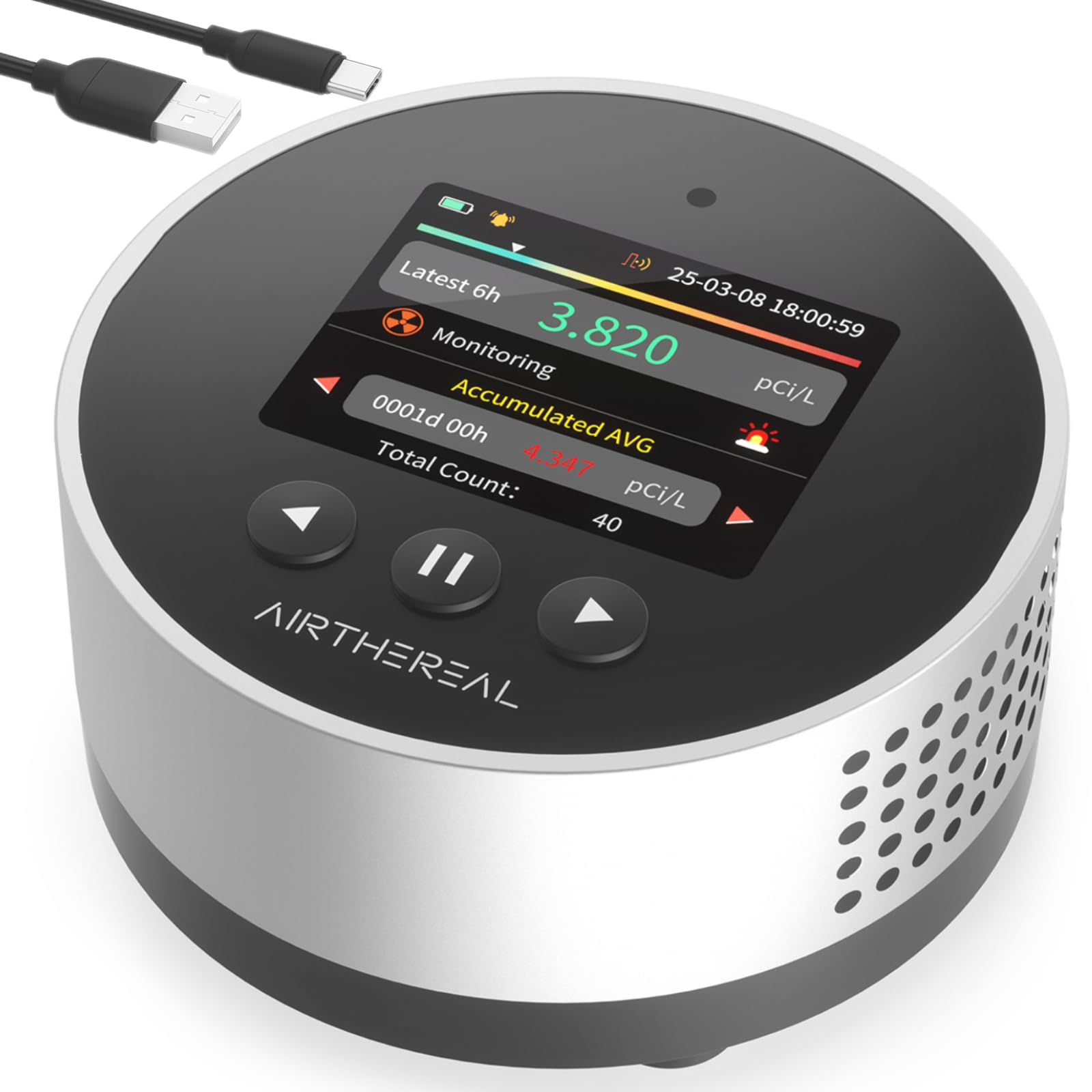 Airthereal Radonmessgerät Tragbar RM63 – Radon-Detektor für Haus & Keller, 504 Tage Langzeit-Datenspeicher, LCD-Farbdisplay, Schnelle 6-Std.-Ergebnisse, Lange Batterie, akustischer & visueller Alarm