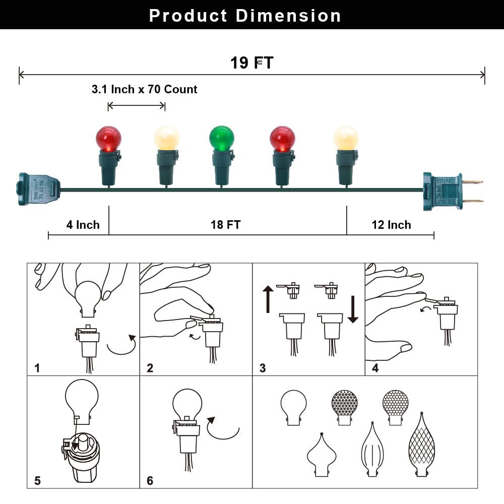 Solduce Red White and Green Christmas Lights G15 70 LED Globe String Lights Plug in Christmas Decor String Lights Outdoor Indoor for Tree Patio Party Garden Yard Gazebo Wedding UL Certified