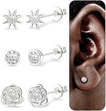 3 Pairs Women's 925 Silver Earrings, Hypoallergenic Small Earrings for Women, Zirconia/Sun/Rose Design for Earlobe | Set de Pendientes Pequeños con Circonita/Sol/Rosa para Oídos Sensibles Regalo Joyería Mujeres Niñas