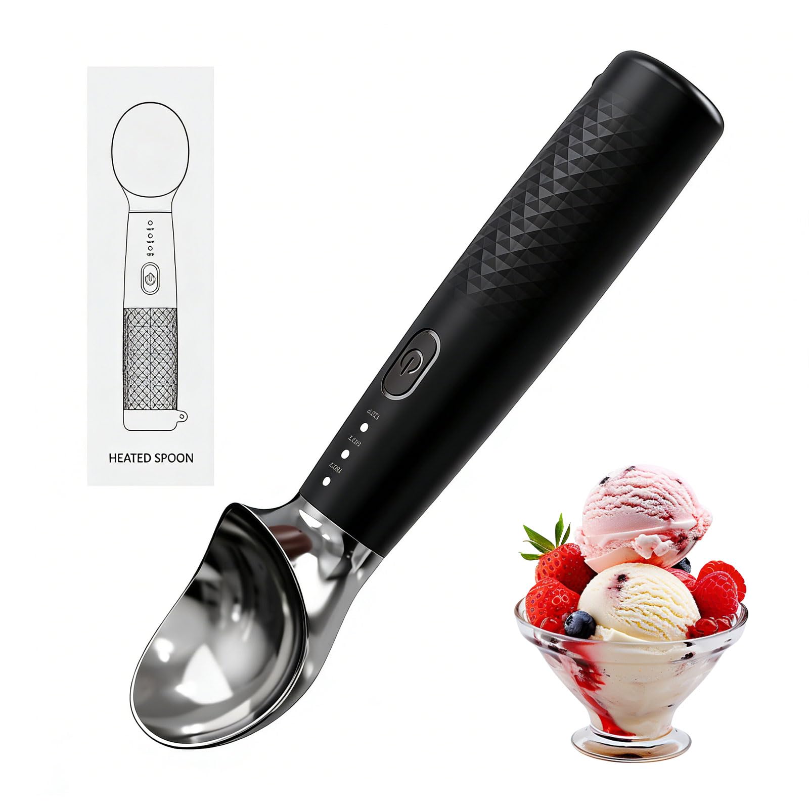cuillère à Glace chauffante, portionneur de crème glacée en Acier Inoxydable, Moule à Boules de Glace, cuillère portionneur, cuillère à Glace, Rechargeable Type-C avec 3 Niveaux