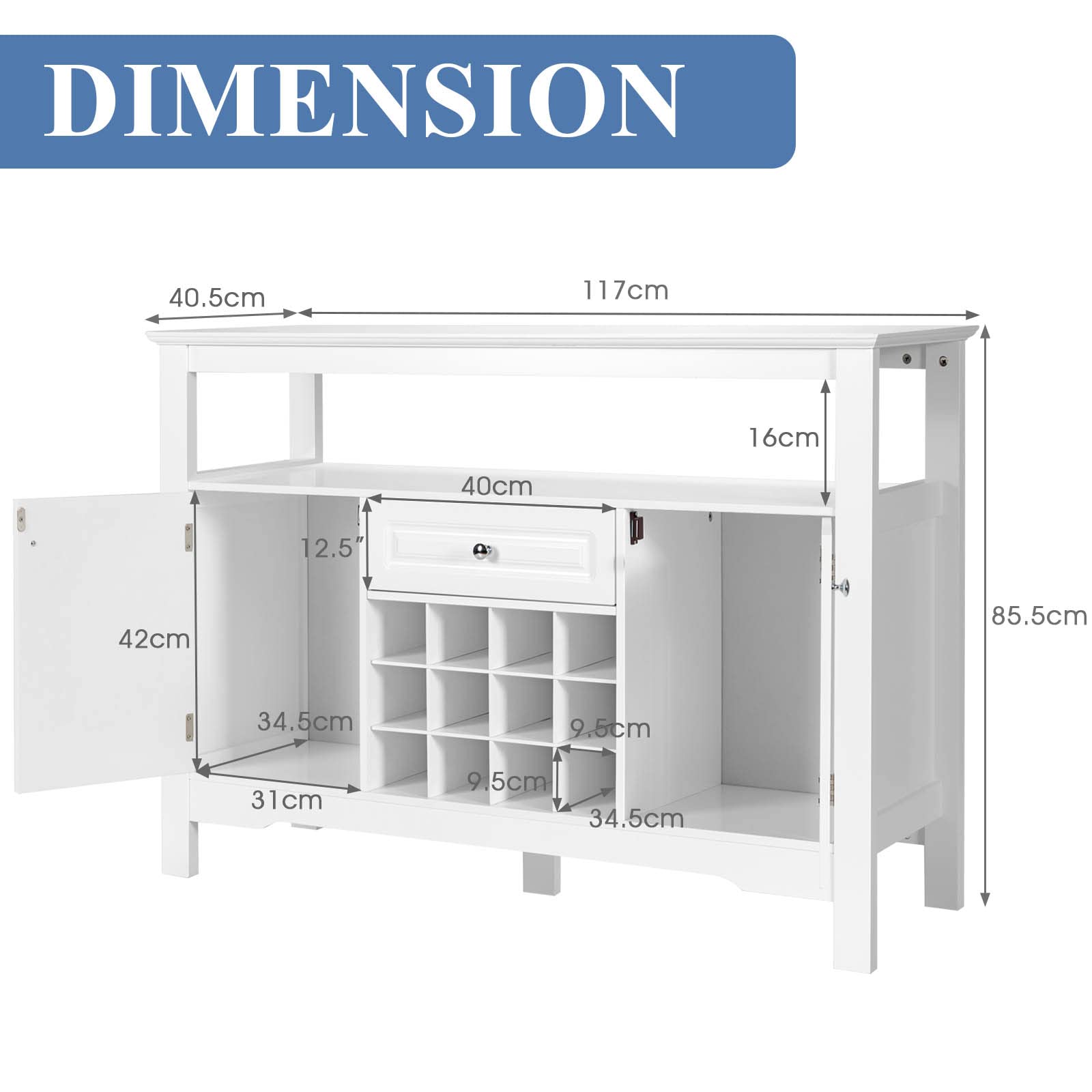 LIFEZEAL Credenza Cucina, Mobile Soggiorno, Madia, Armadietto, Bianco, con Cassetto, 2 Ante, 2 Ripiani, 12 Portabottiglie Rimovibili, Moderno, per Salotto, Sala da Pranzo, Bar, Legno, 117x40,5x85,5cm