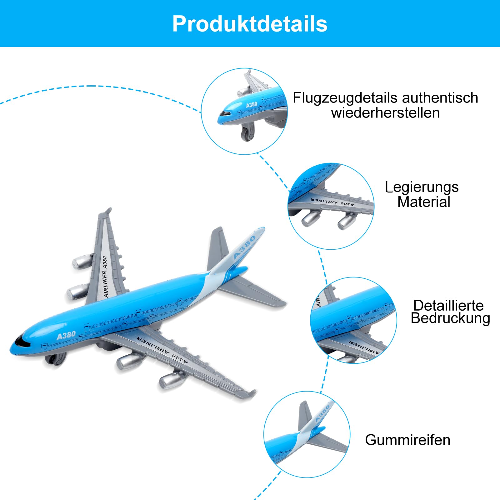 Airbus A380 zabawka do samolotu – mini metalowy model samolotu z funkcją wyciągania dla dzieci od 3 lat, plandeka powietrzna dla dzieci, idealna jako zabawka na lotnisku i prezent (długość 14 cm