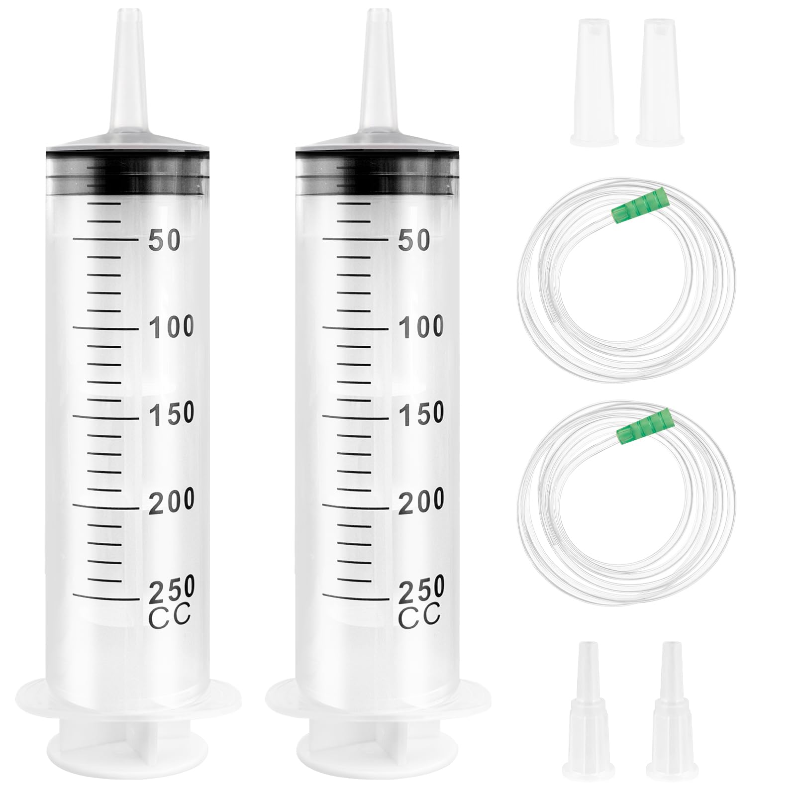 Strzykawka 250 ml z rurkami z tworzywa sztucznego, 2 sztuki strzykawek dozujących, wielokrotnego użytku, z nasadką, pojedynczo uszczelnione strzykawki do laboratorium, przemysłu, karmienia zwierząt