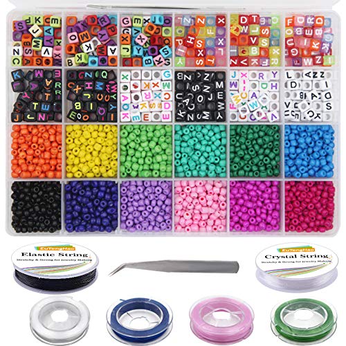 EuTengHao 4027Pcs Small Glass Seed Beads Letter Beads Kit for Bracelets Making with Colorful Bracelet String 4mm Glass Seed Pony Beads Alphabet Beads for Necklace Earring Bracelet Jewelry Making