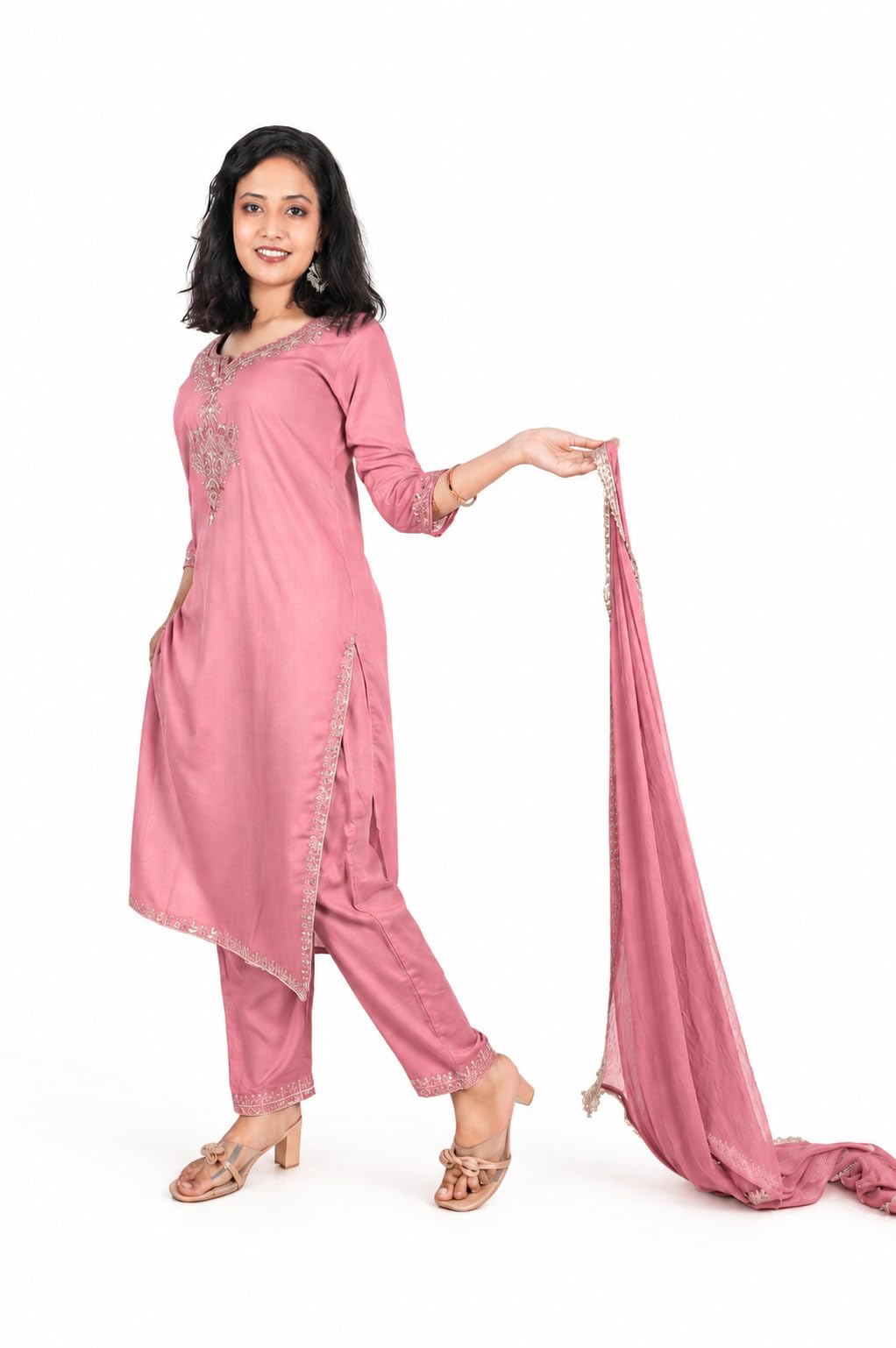 Women's Rose Gold Zari with Sequins Embroidered Rayon Kurta Trouser Dupatta Set | Straight Kurti with Round Neck & Side Pocket Pant | Chiffon Dupatta-picture-39