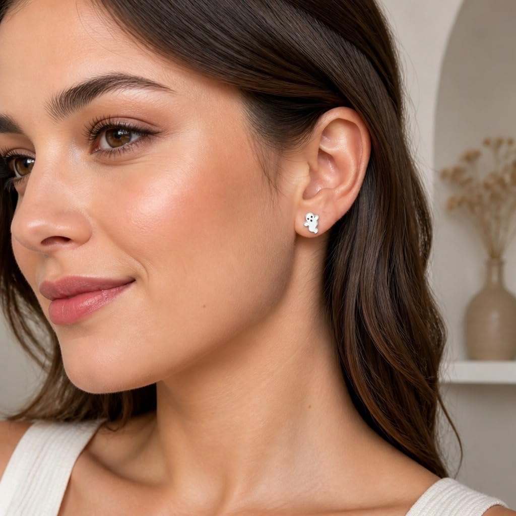 Ghost Stud Earrings, 925 Sterling Silver with White Enamel for Small Earlobe Second Third Ear Piercings Delicate Spooky Stackable Studs or lovely choice for little ones.
