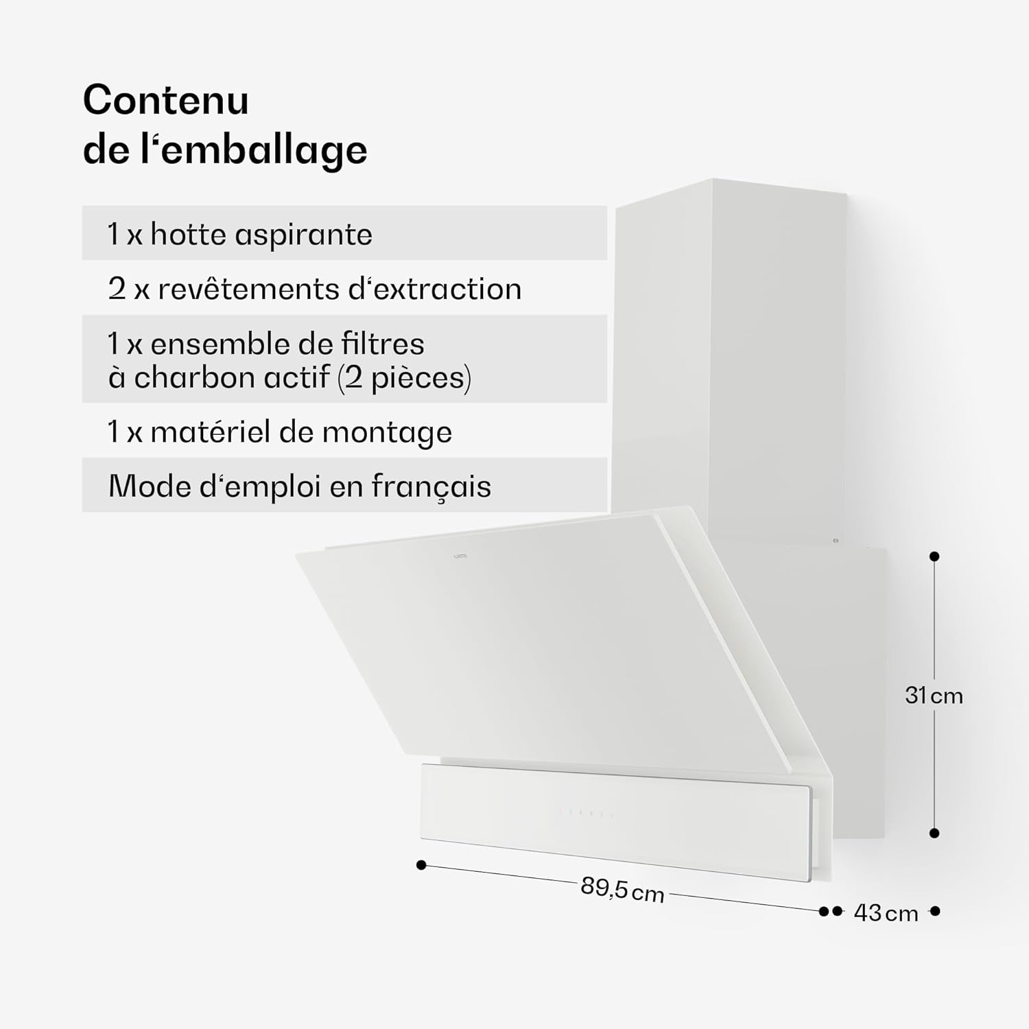 Diagram showing package contents and dimensions of the Klarstein Velaire 90cm range hood