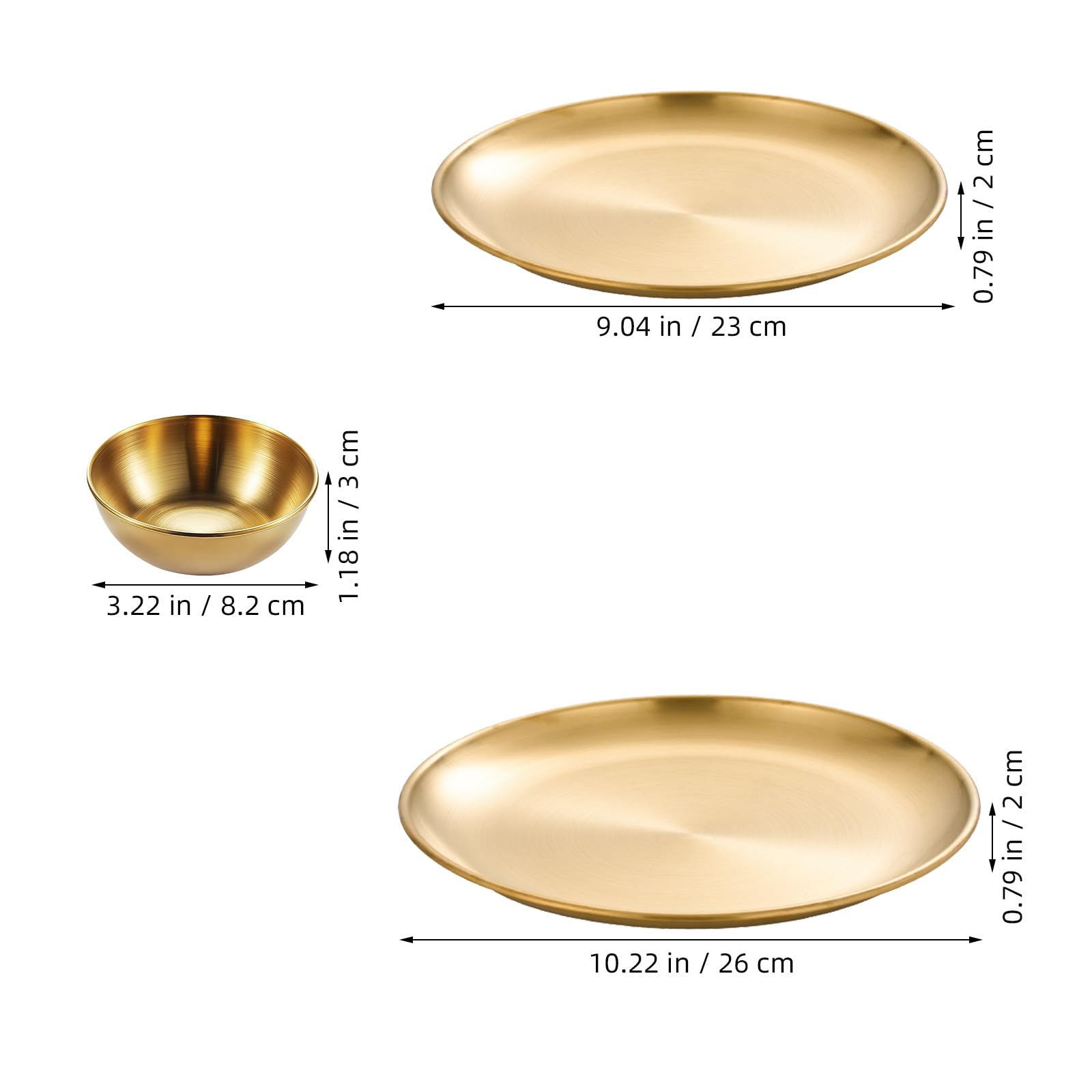 Operitacx 1 juego de vajilla dorada: platos llanos de acero inoxidable de 23 cm y 25 cm y cuencos de 7,5 cm - Vajilla de metal con acabado dorado cepillado para buffet, barbacoa, ensaladas, aperitivos