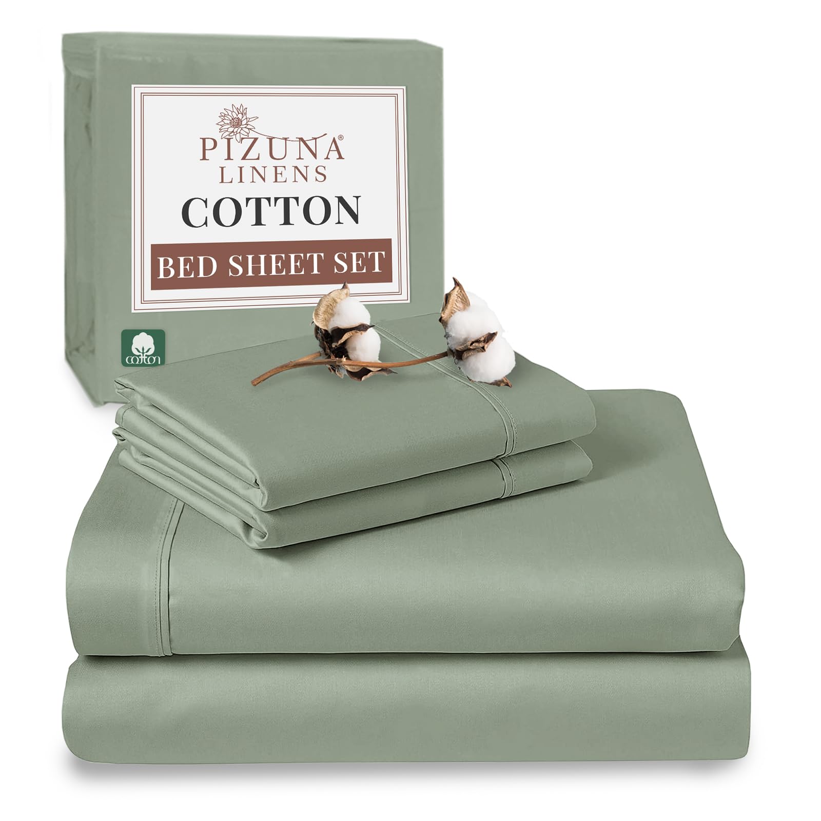 Pizuna Sea Foam 100% Cotton Super King Bed Sheet Set Seafoam Sage, 400 Thead Count Long Staple Cotton Bedding Set 300X280 Cm, Soft Sateen 4 Pc King Bed Sheet Set -Fitted Sheet, Flat Sheet & 2 Pillowcases