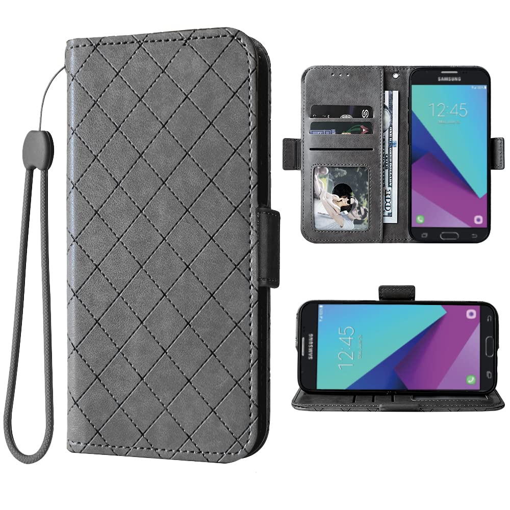 Wallet Case for Samsung Galaxy J3 Luna Pro J 3 Prime 2017 Emerge 3J Eclipse Mission with Wrist Strap Grid Luxury PU Leather Flip Card Holder Stand Purse Slot TPU Phone Cover for S327VL Grey