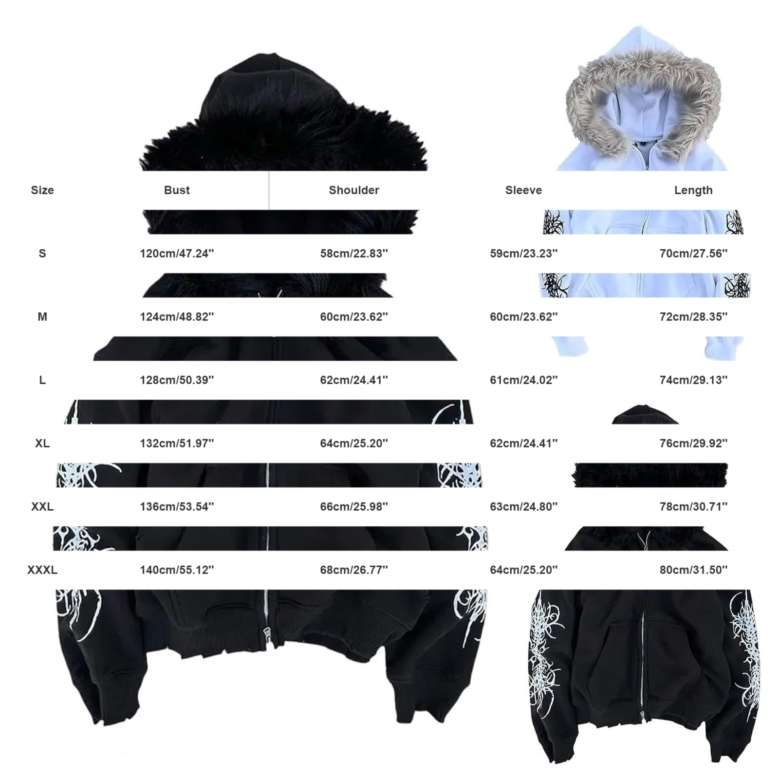 Y2K Vintage Zip Up Hoodie mit Pelzkapuze, 2000er Jahre Druck Oversized Anime Streetwear Sweatshirt Gothic Punk Unisex Leichter lässiger Pullover für Männer Frauen