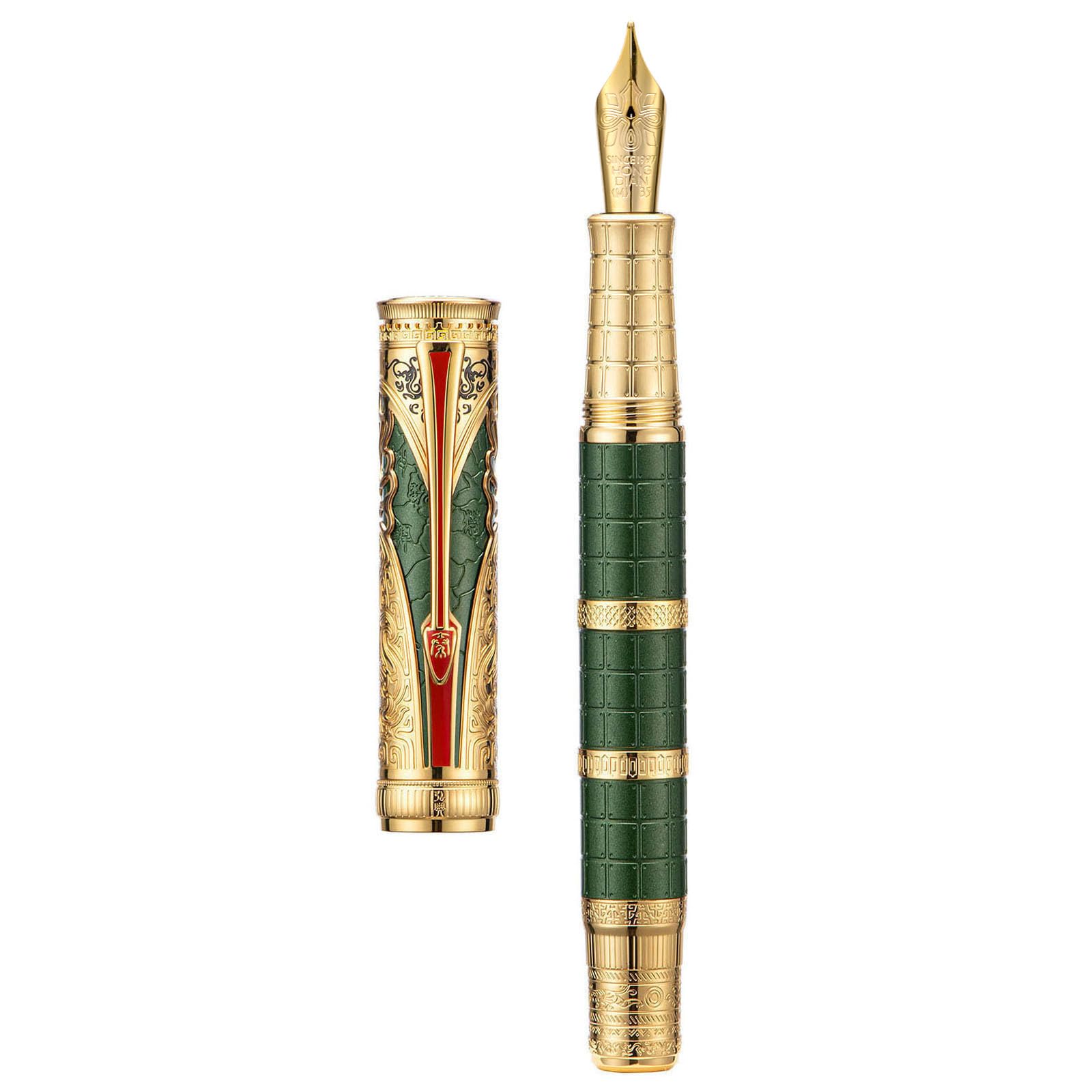 Hongdian D5X Fountain Pen Green Medium Nib, Qin Dynasty Retro Chinese Totem Engraving Smooth Writing Pen with Converter and Pen Box Set
