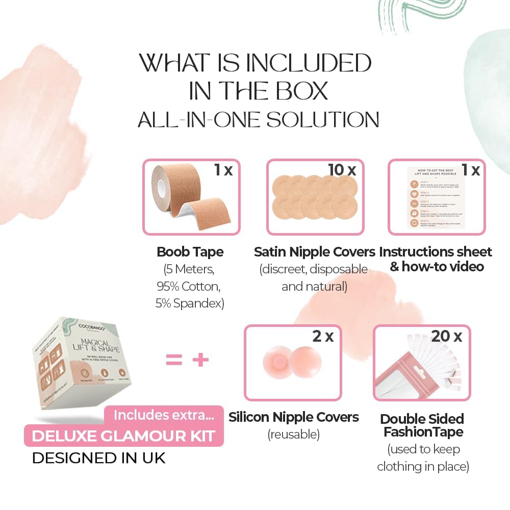 Boob Tape - Cinta para levantamiento de senos con 2 tapas reutilizables para pezón (invisible, con 10 cubiertas desechables para pezones, 20 cintas de moda, sin sujetador)