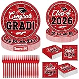QZYL 200Pcs Graduation Supplies Set 2026, Red Graduation Plates, Napkins, Dessert Plates and Plastic Forks for 50 Guests, Grad Party Disposable Tableware for Wedding, Birthday, Graduation