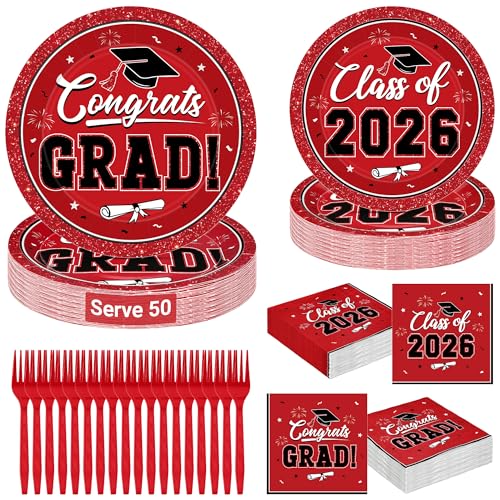 QZYL 200Pcs Graduation Supplies Set 2026 Red Graduation Plates Napkins Dessert Plates and Plastic Forks for 50 Guests Grad Party Disposable Tableware for Wedding Birthday Graduation