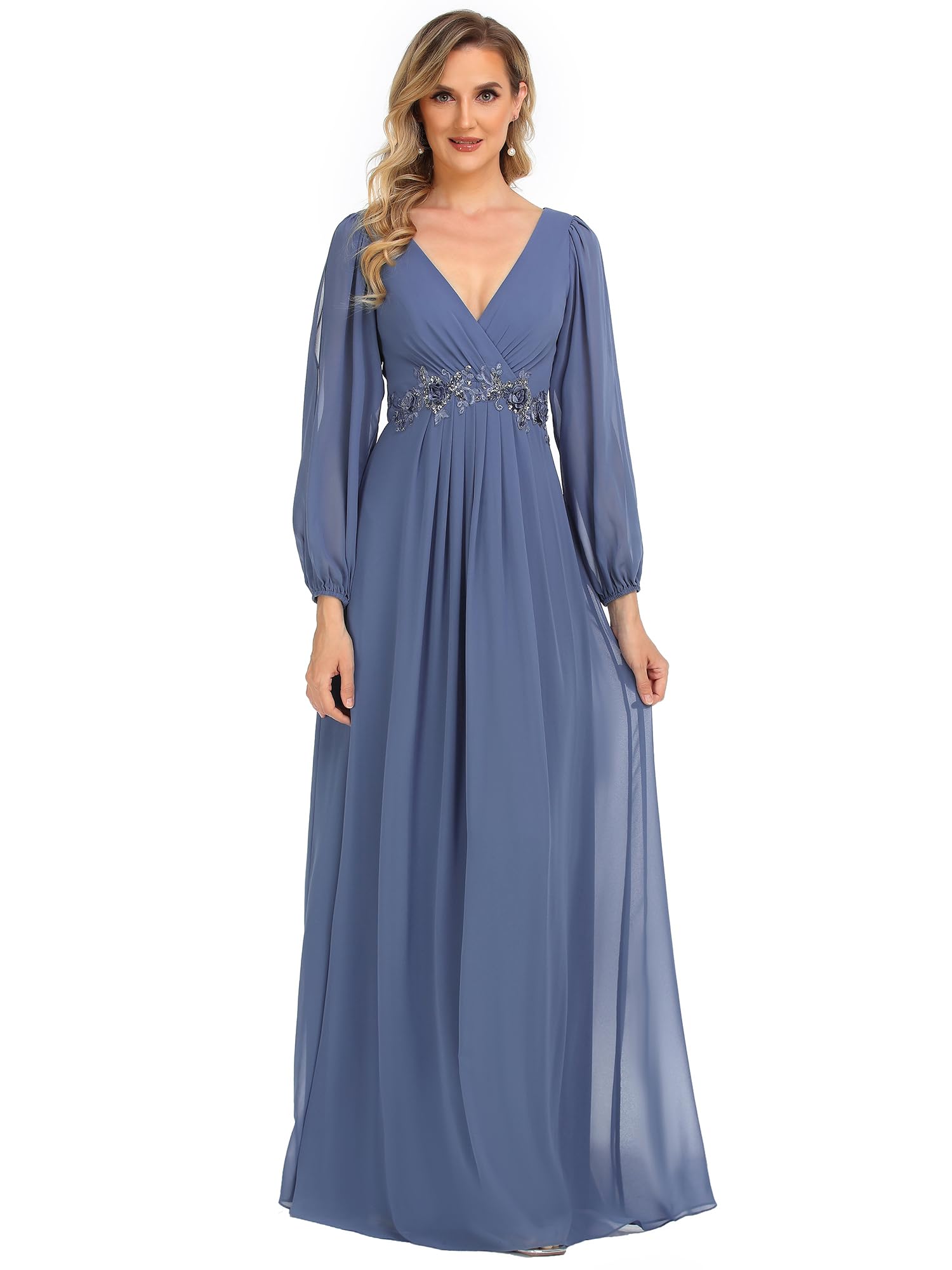 Ever-Pretty Vestido de Fiesta Talla Grande Largo para Mujer Escote V Profundo A-línea Manga Larga con Apliques 00461