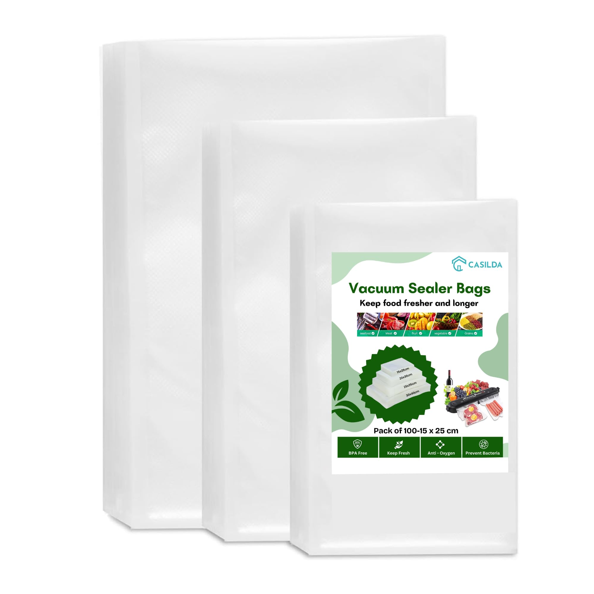 Casilda Vacuum Sealer Food Bags Pack of 100, Heavy Duty, BPA Free, For Airtight, Sous Vide Longer Freshness Food Saver (Pack of 100-15 x 25 cm)