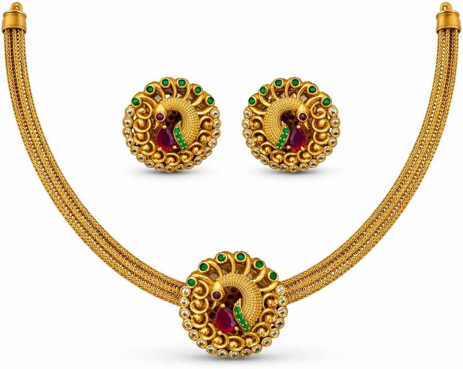 Gold Plated Peacock Design Choker Necklace Set With Red Green Stones & Matching Earrings | Traditional Ethnic Jewellery For Women | Festive & Wedding Wear | Elegant Mesh Chain