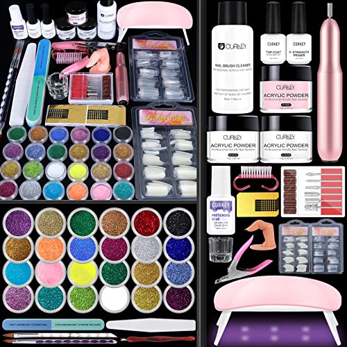 Curkey Acrylic Nail Kit with Drill and UV Lamp - 24 Colors Glitter Acrylic Powder Liquid Monomer Professional Set 6W UV LED Nail Lamp and Acrylic Nail Drill for Beginner Acrylic Nail Kit