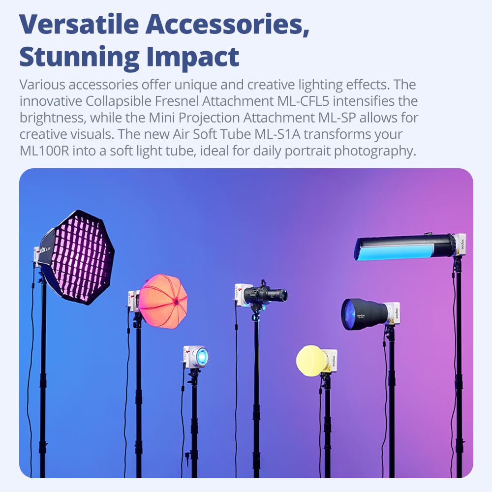 Godox ML100R 110W RGB LEDビデオライト、1800K-10000K RGBビデオ照明キット、CRI 97+/TLCI 98+、アプリコントロール、USB-C充電、14 FX Amazon.com : Godox ML100R RGB LED Light 110W, Godox ML100 Video