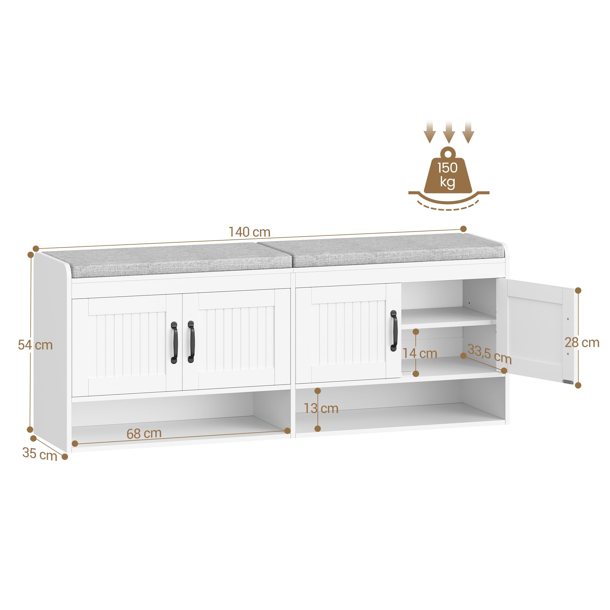 Hzuaneri Banc à Chaussures avec Siège, 140 cm, Blanc | Étagère à Chaussures, Espace de Rangement, Espace ouvert, Rangement Caché, pour Salon, L'entrée, 35 x 140 x 54 cm, SB41403GY