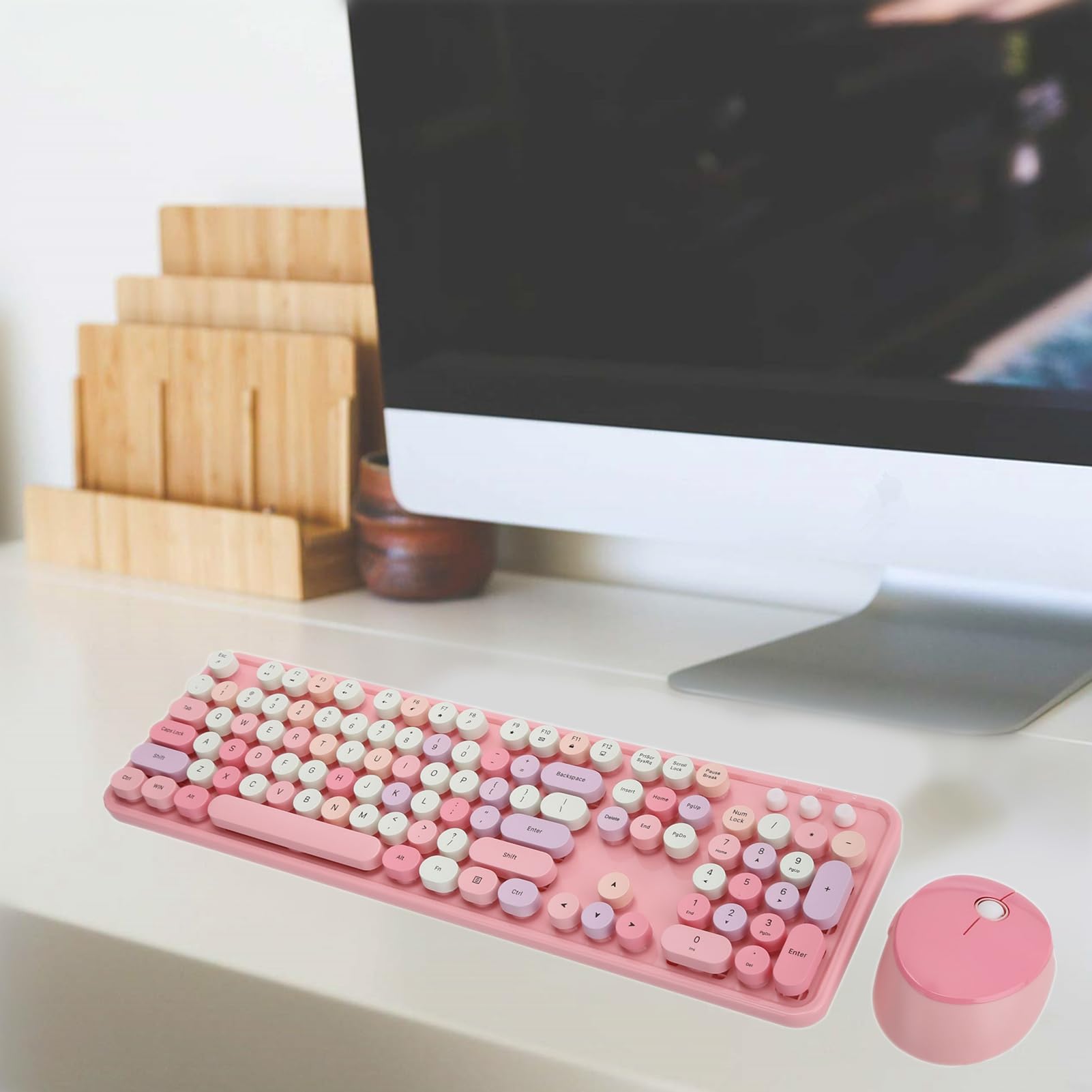 2.4Ghz Keyboard and Mouse Set Gifts for Girls - 104 Key Mechanical Feel Keyboard - Retro - Office Desktop Cute Keyboard - for Computer - for Girls and Female ( Theme)