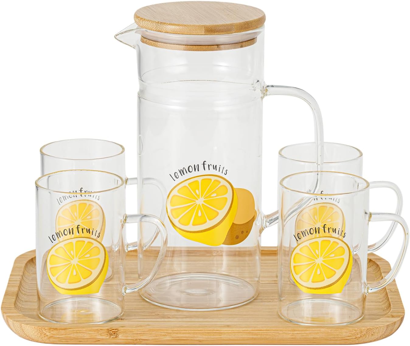 THY Collectibles Glass Pitcher Carafe Set with Lid, 4 Glass Cups, and Bamboo Tray for Water, Drinks, Punch, Cocktails, Beverages (Lemons)
