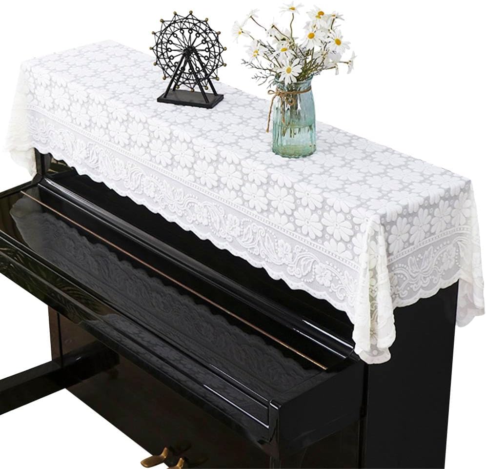 Piano Cover Elegant Lace Daisy Embroidery Decorative Dust-proof Cover for Standard Upright Pianos 78.74 x 55.11 Inch Piano Top Cover