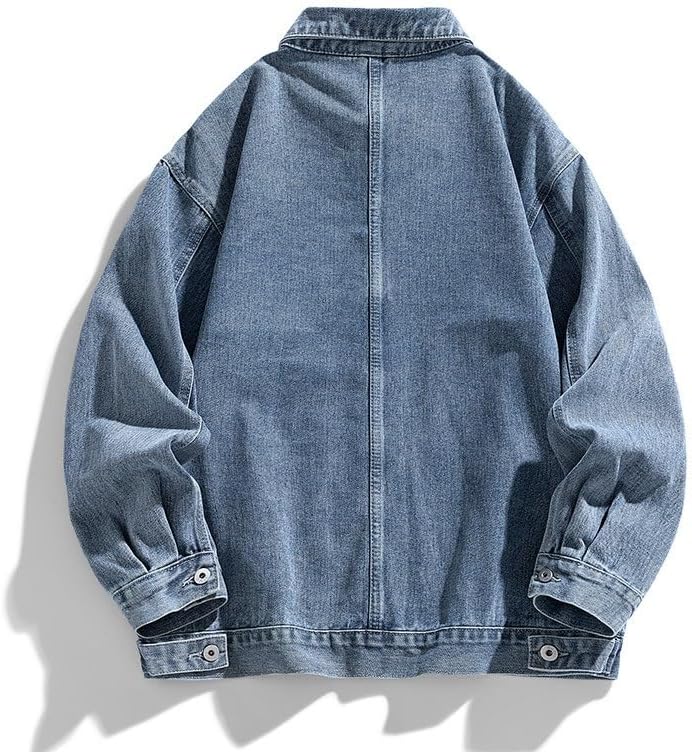 Mens Street Style Denim Jacket Korean Loose Fit Lapel Trendy Workwear Fall Jackets Outerwear