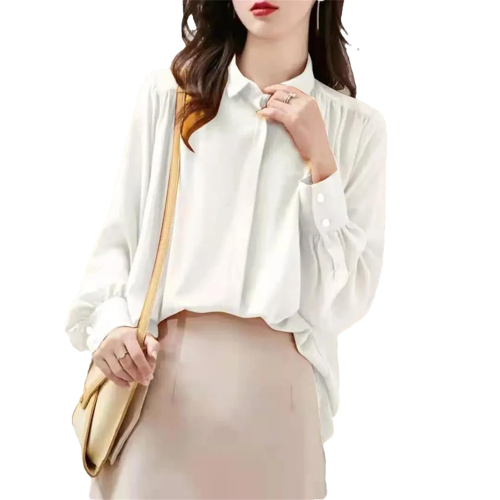 Vogrtcc Camisa de gasa para mujer, de manga larga, para oficina, holgada, con botones, de seda