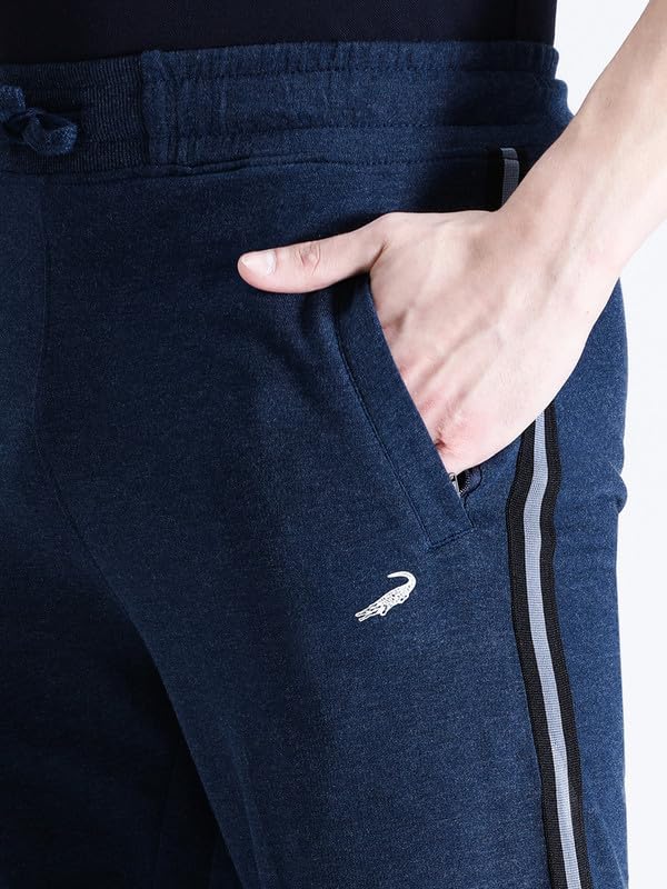Image of CROCODILE Men Solid French Terry Joggers | Classic Fit | Mid Rise | Drawstring Closure | Ankle Length | Casual Wear Navy Melange