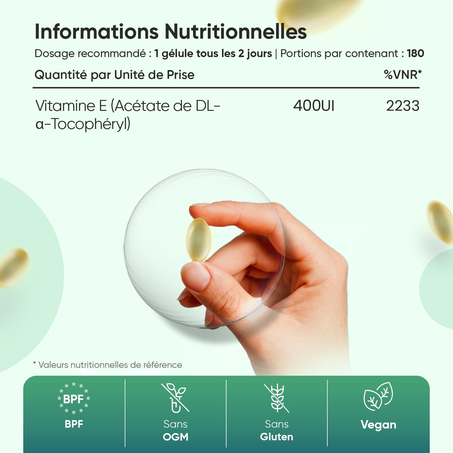 Vitamine E 400 UI, 1 Gélule tous les 2 Jours, 180 Gélules Vegan pour 1 An- Acetate de Dl Alpha Tocopheryl - Selon EFSA, la vitamine E contribue à la protection des cellules contre le stress oxydatif