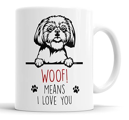 Faithful Prints Shih Tzu Woof Means I Love You Mum Dad Mug Dog Dad Shih Tzu Dad Cup Friend Funny Gift for Birthday Christmas, Shih Tzu Mum Mug
