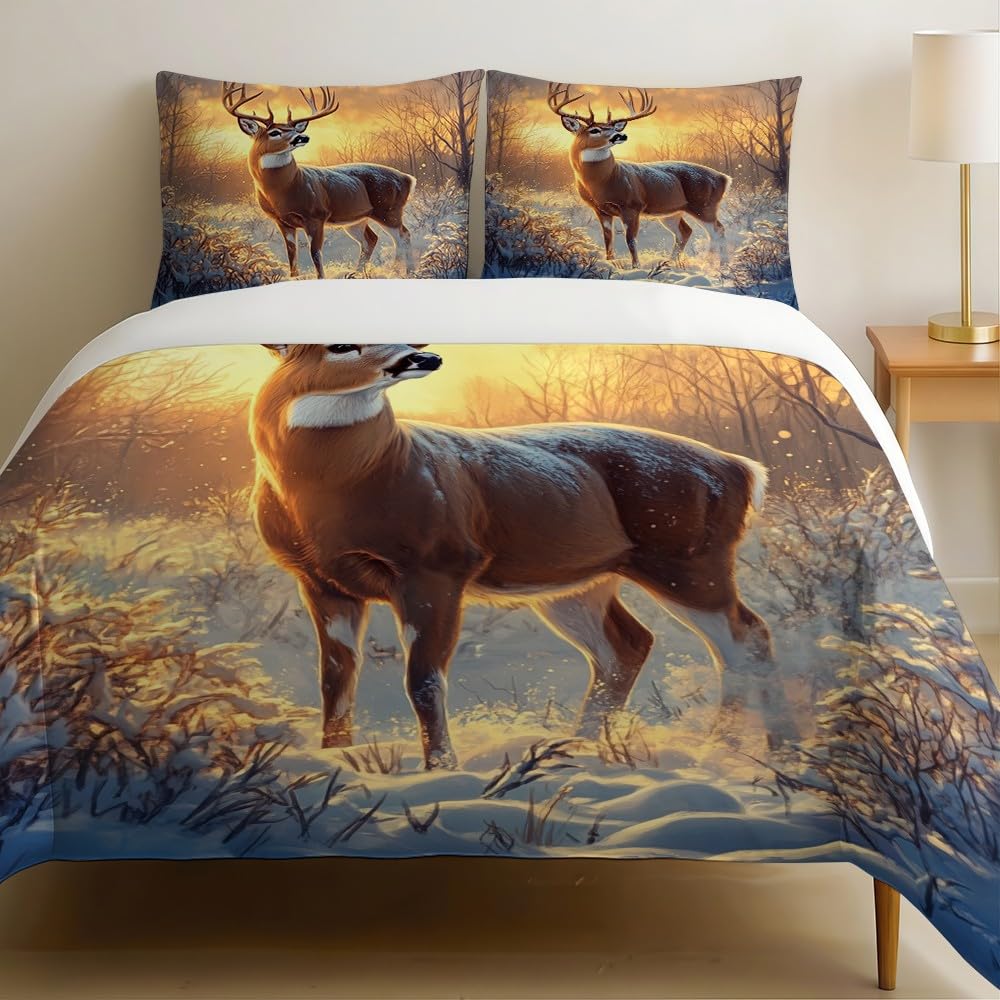 Housse de couette cerf 200x200 cm pour une ambiance chalet de montagne enneigé