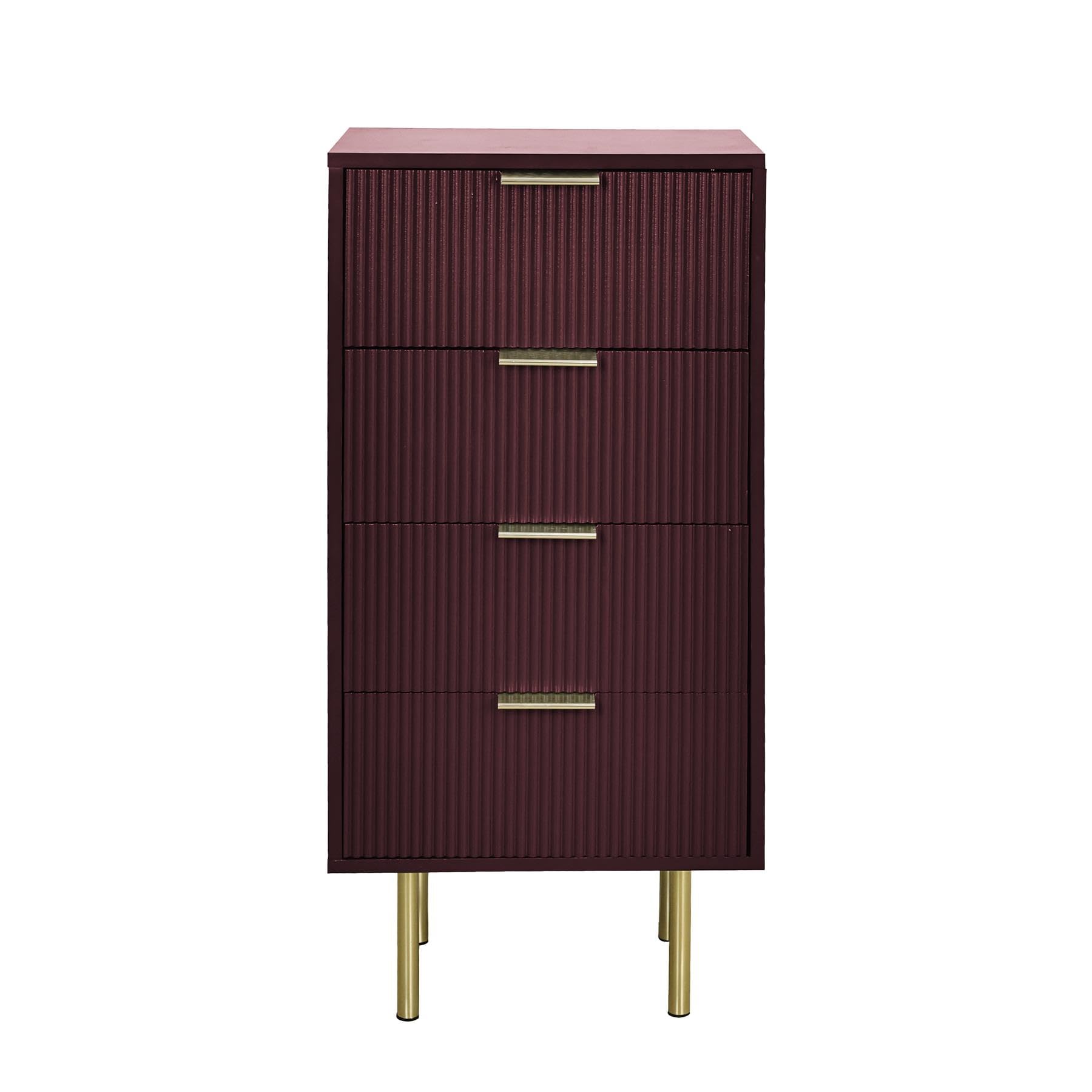 OHS Bedside Table 4 Drawers, Decorative Ribbed Wooden Nightstand End Tables Large Storage Cabinet Slim Bedside Drawers Side Table for Living Room Bedroom, Dark Berry - 78 x 36 x 24cm