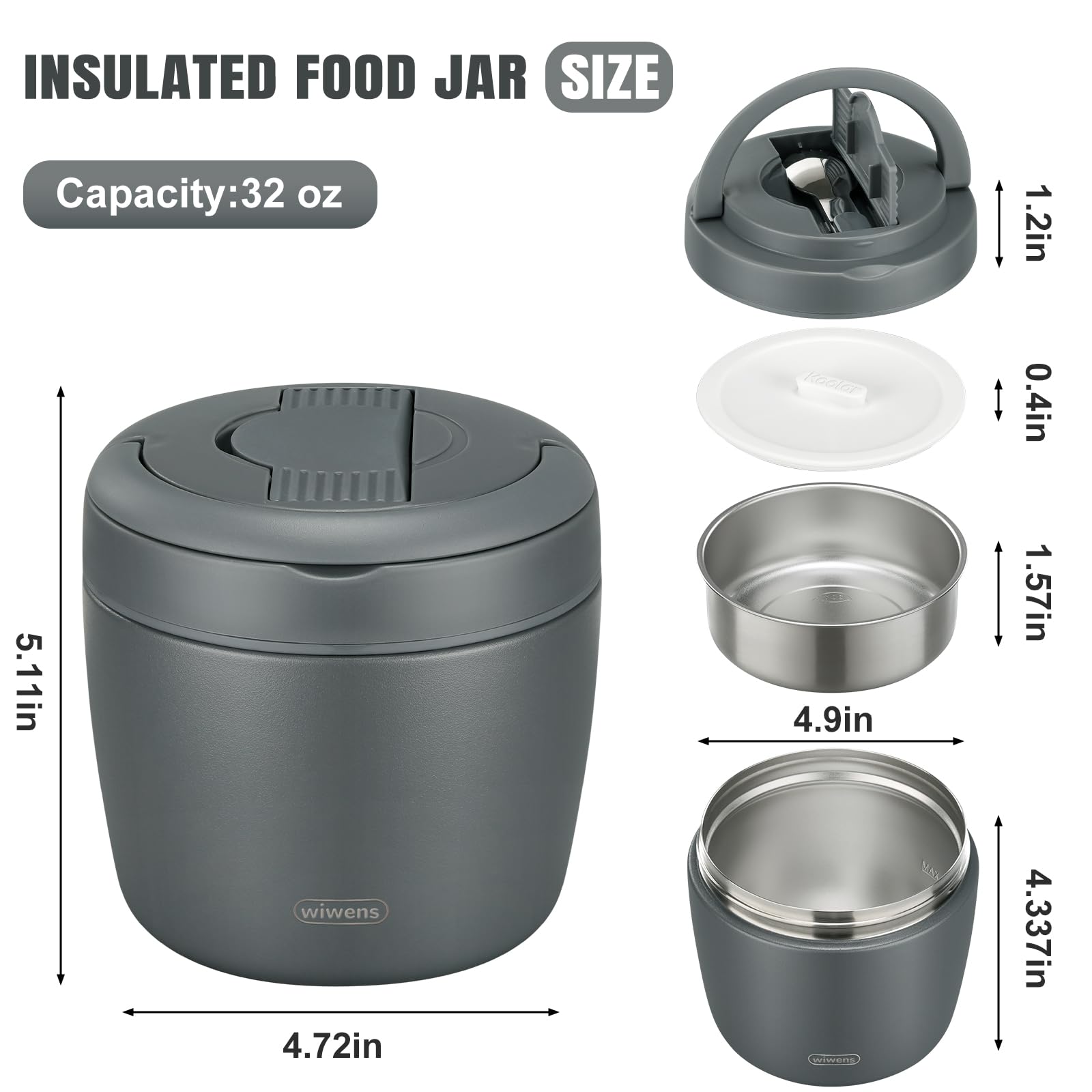 wiwens Termo Słoik na żywność dla dorosłych na gorące jedzenie, 900 ml, na zupę, termiczne, na lunch, szeroki otwór, izolowane próżniowo, ze stali nierdzewnej, szczelne pudełko Bento z łyżeczką, szary