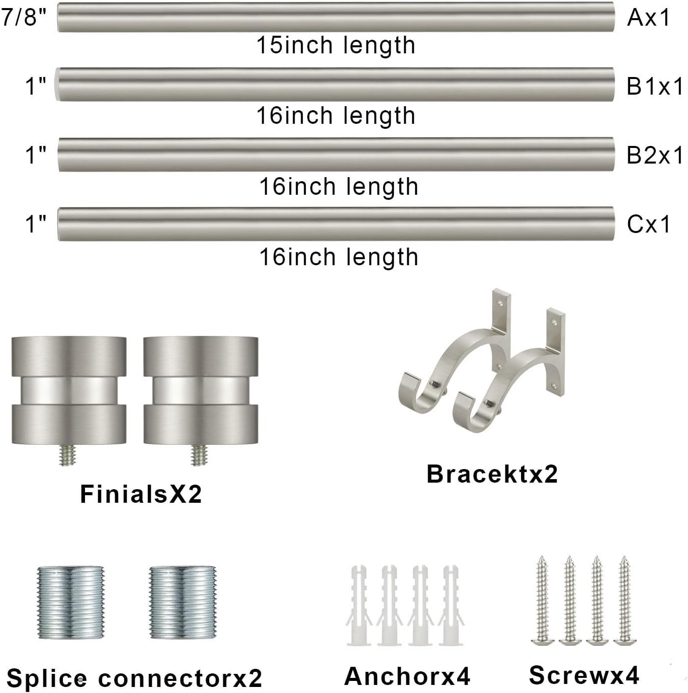 16-56 inch Long Adjustable Matte Nickel Curtain Rods,1 inch Diameter Splicing Heavy Duty Rod Set with Aluminum Finals for Windows, Door, Drapery