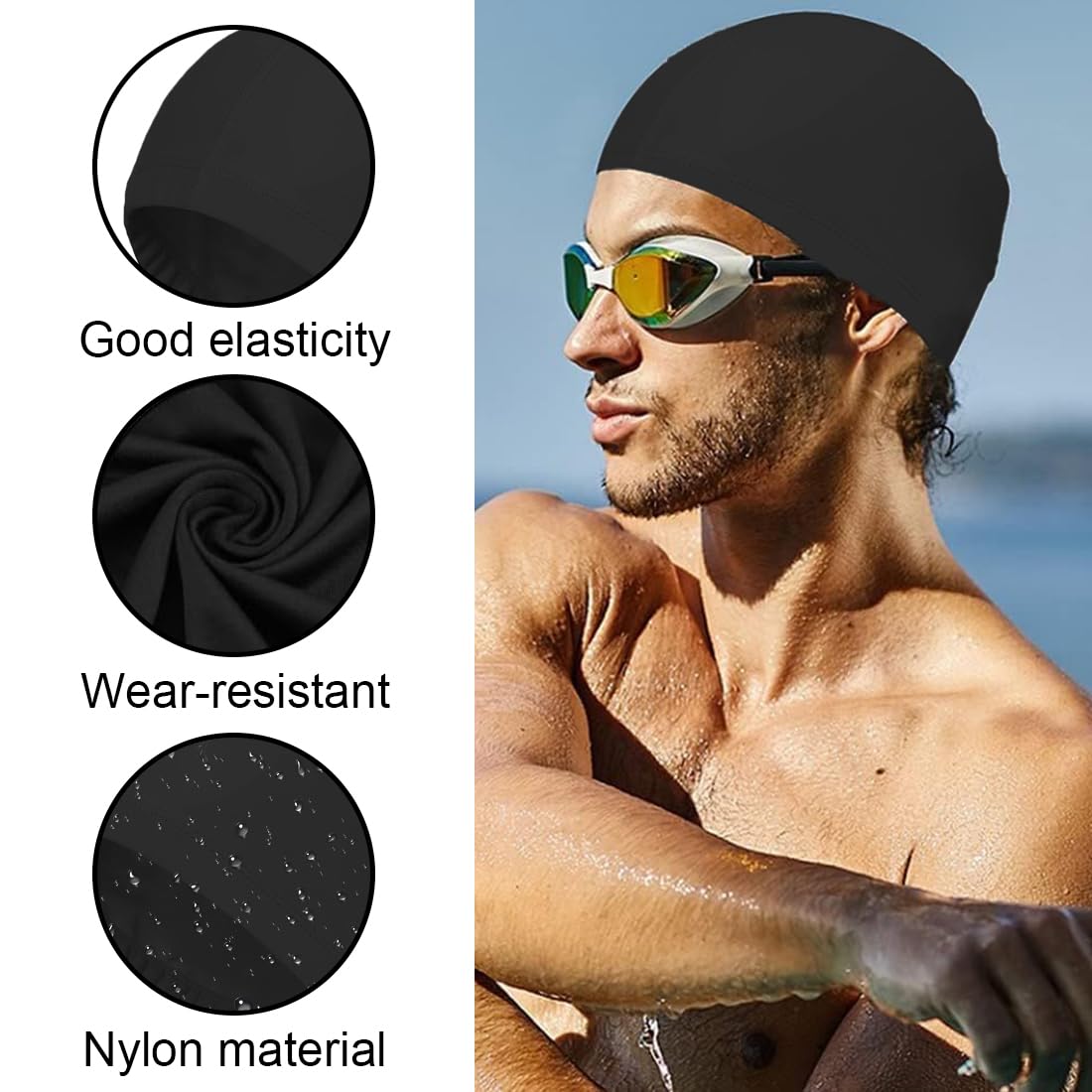 Cómodo gorro de natación de tela, suave gorro de natación unisex, gorro de natación flexible para niñas pelo largo hombres niños niños, gorro de natación ligero, juego de 2 piezas