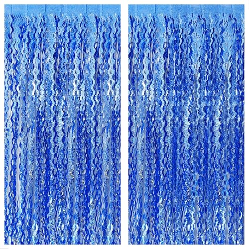 Image of 2 Pack Wavy Blue Backdrop - 3.2x6.5 Feet | Blue Foil Fringe Curtain for Mermaid Birthday Decorations | Fringe Backdrop for Under The Sea Party Decoration | Ocean Themed Party Decorations, KatchOn