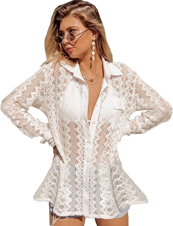 Copricostume Donna In Pizzo Bianco - Lungo, Manica Lunga, Elegante Per Spiaggia E Estate - Foto 2