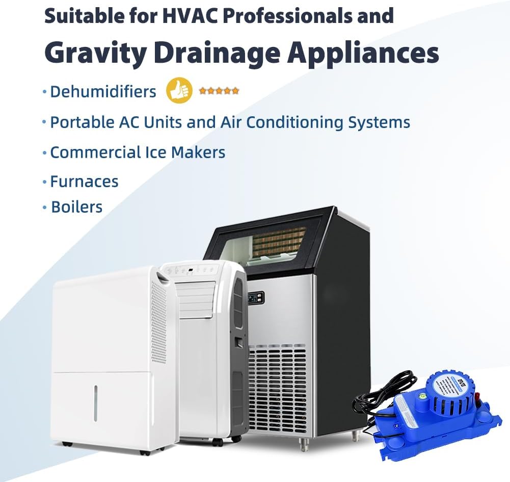 1/10 HP 93 GPH 20ft Max Head HVAC Condensate Pump, 115V w/Automatic Safety Switch, Removal Drain Pump for Air Conditioner, Dehumidifier, Ice Maker, Furnace, AC unit, Low Profile