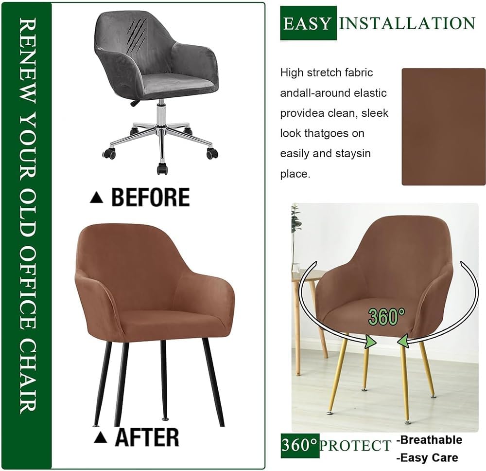 Velvet Dining Chair Covers Slipcovers with Wingback Arms, Stretch Office Computer Chair Slipcovers Curved Dining Room Armchair Protector Covers (Color : Coffee, Size : 6PCS)