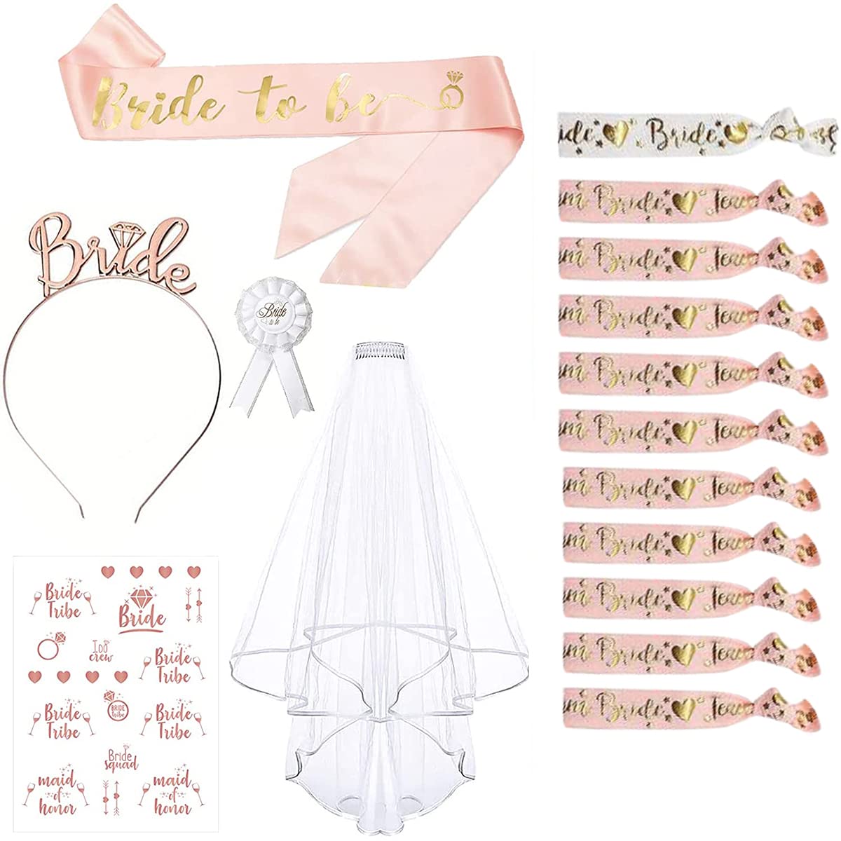 ZOOMPIL 16PCS Bride to Be Sash Set, Hen Party Set with Bride to be Sash, Tiara, Tattoos, Badges, Veil, for Wedding Bridal Shower Bachelorette Party