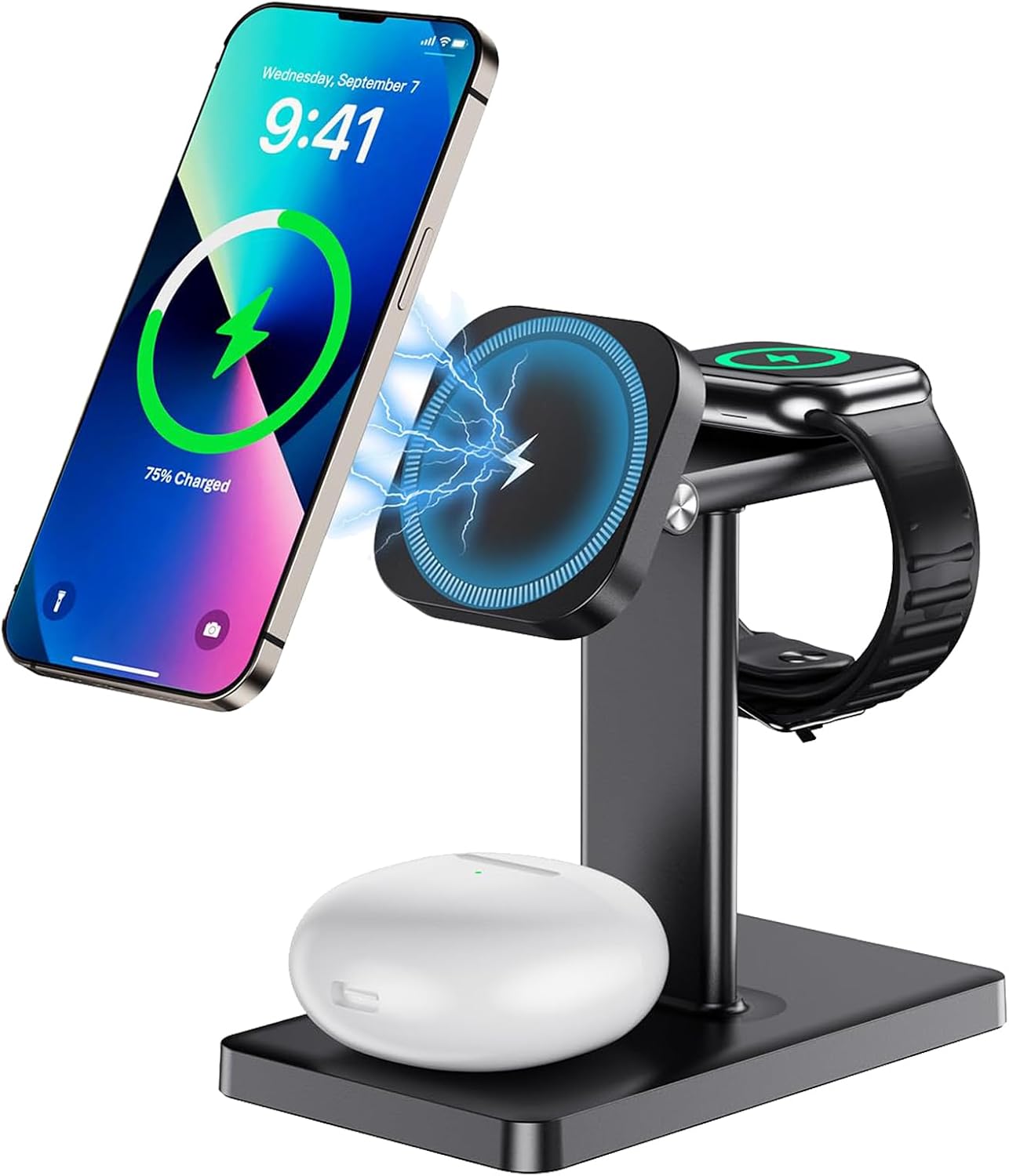 3 in 1 Magnetic Wireless Charging Station for iPhone 12–17, Apple Watch & AirPods, 15W Fast Charging Stand for Desk & Bedside