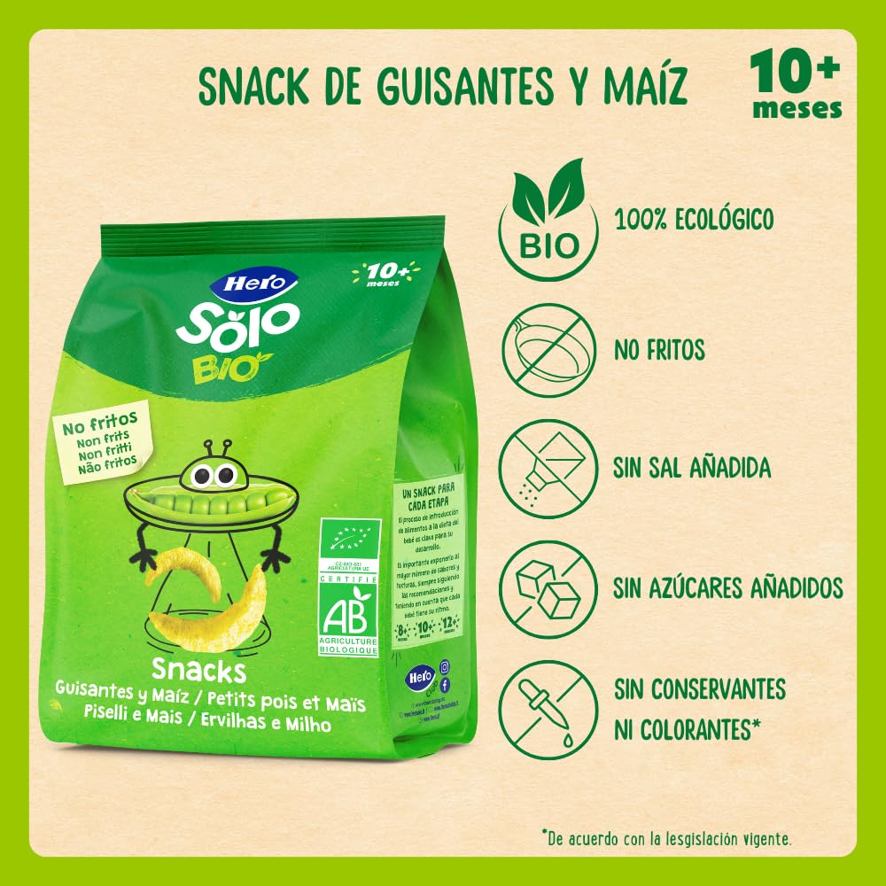 Hero Solo - Snack de Guisantes y Maíz, 100% ECO, BIO, con Ingredientes de Agricultura Ecológica y UE, No Fritos, Apto para Bebés a Partir de 10 Meses - Pack de 6 x 40 g