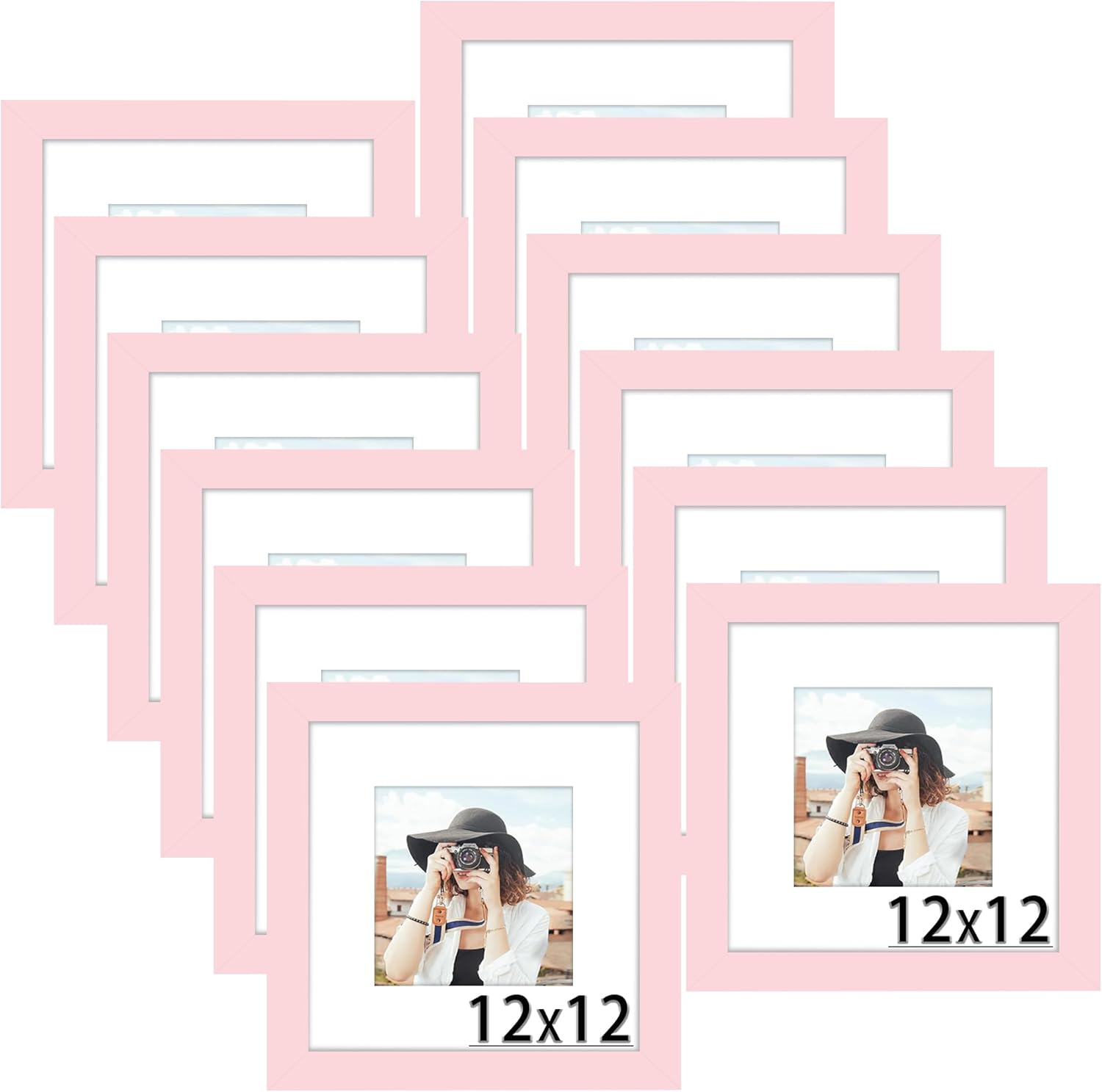 Picrit 12x12 Picture Frame Set of 12, Display 8x8 with Mat or 12 x 12 without Mat, Photo Frames for Wall Mounting Display, Pink Pink 12x12
