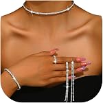 Silver Wedding Guest Dresses Jewelry Sets for Women Silver Rhinestone Cubic Zirconia Bridal Prom Costume Formal Jewelry Set Sparkly Crystal Tennis Bracelets Necklace Set for Brides Bridesmaid Gifts