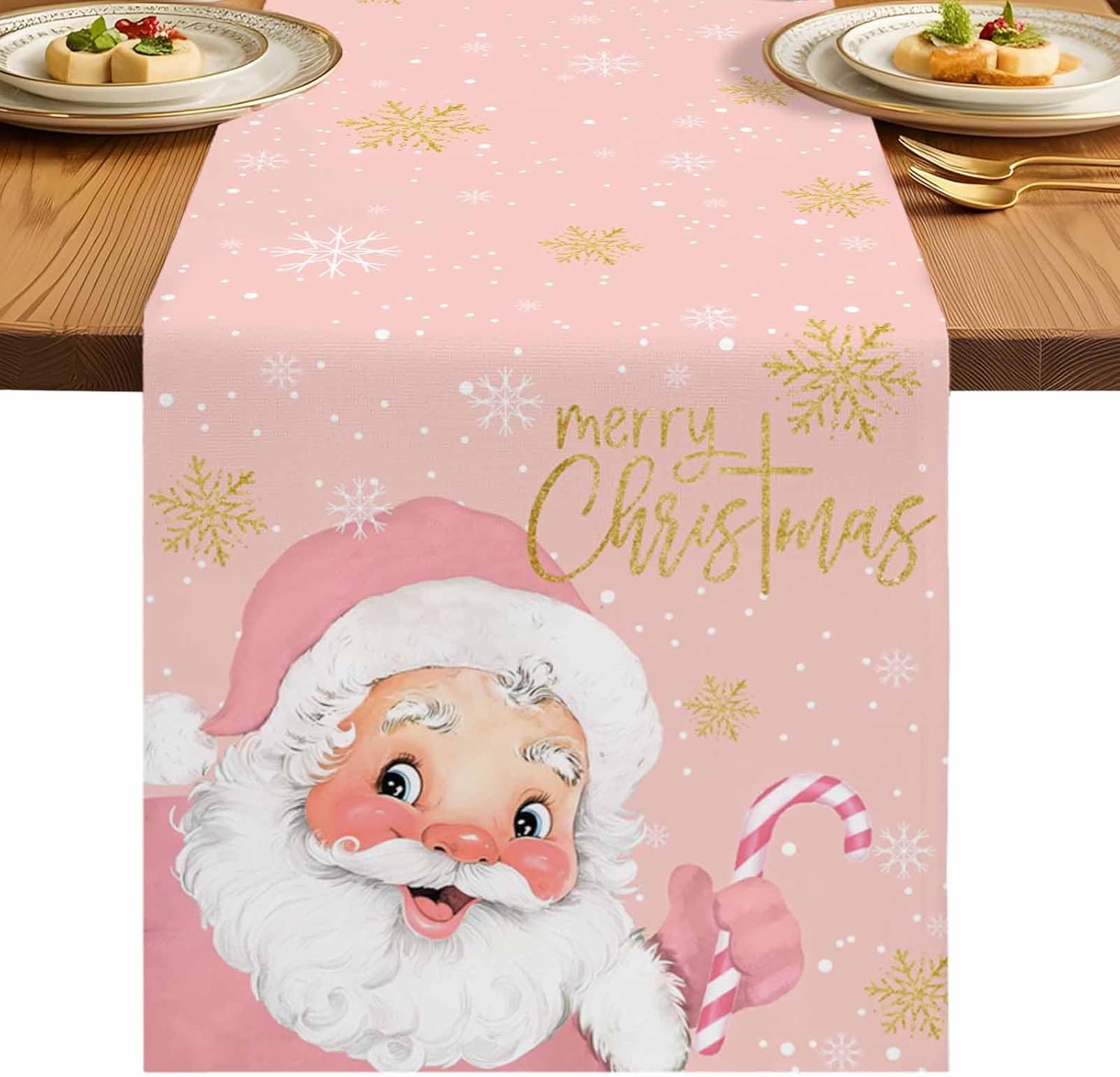 Merry Christmas Table Runner Funny Santa Claus on Pink Dresser Scarves,Gold White Snowflakes Kitchen Dining Table Runners for Indoor Outdoor Winter Holiday Party Decorations,13x120IN