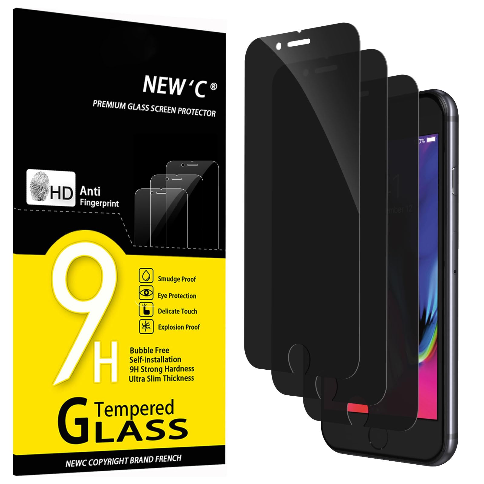 NEW'C 3 Pack Privacy for iPhone 8, iPhone 7 Screen Protector, Enhanced 28-Degree Privacy Angle, Ultra Durable 9H Hardness, Bubble-Free