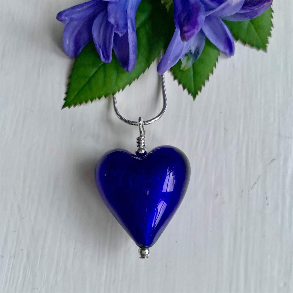Diana Ingram necklace with dark blue Murano glass medium heart pendant on Sterling Silver snake chain